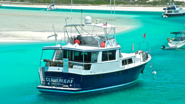 Cloverleaf is a 61-footer designed by Jim Krogen. Her 5½-foot draft was useful in navigating to places such as this, Warderick Wells in the Bahamas.