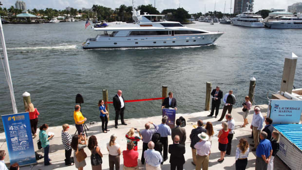 A press conference was held Wednesday at Lauderdale Marina to announce the award of a $20 million contract to dredge the Intracoastal Waterway to a depth of 17 feet from the 17th Street Causeway Bridge to Sunrise Boulevard in Fort Lauderdale. CREDIT: J. Christopher/Marine Industries Association of South Florida.