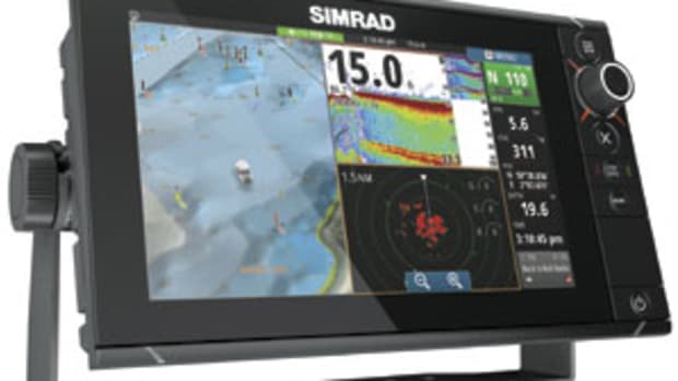Simrad's touchscreen NSS evo2 retains physical controls, such as a rotary knob and real keys.