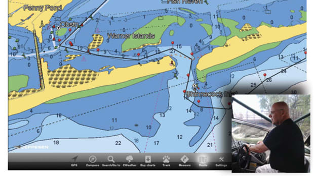 Great Lakes boater Tim Wenham (inset) uses C-MAP software (above) to chart his course in advance, using a waypoint just outside his marina as a jumping-off point for every cruise.