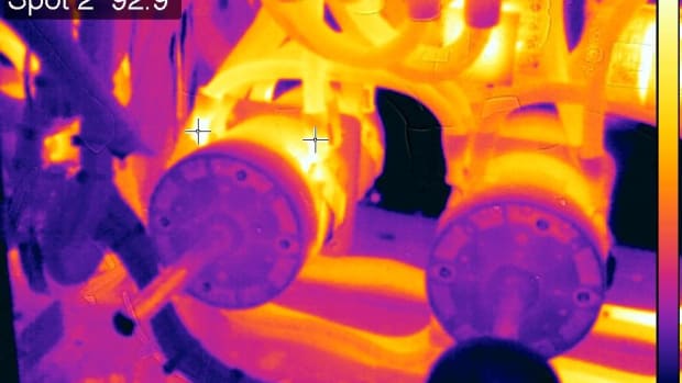 This infrared image shows elevated heat on one of two shore power connections. While still within safe parameters, the infrared camera shows how the heat concentrates at the points of resistance.