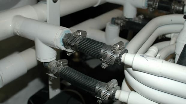 Not all hose is created equal, and just because it’s working doesn’t mean it’s right or reliable. The hose used here, for an air conditioning raw water system, is actually designed for compressed air, calling into question its reliability in this application.