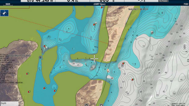 A Navionics chart shows the Chatham (Massachusetts) breakthrough with bathymetric contours as it appears on a Raymarine chartplotter.