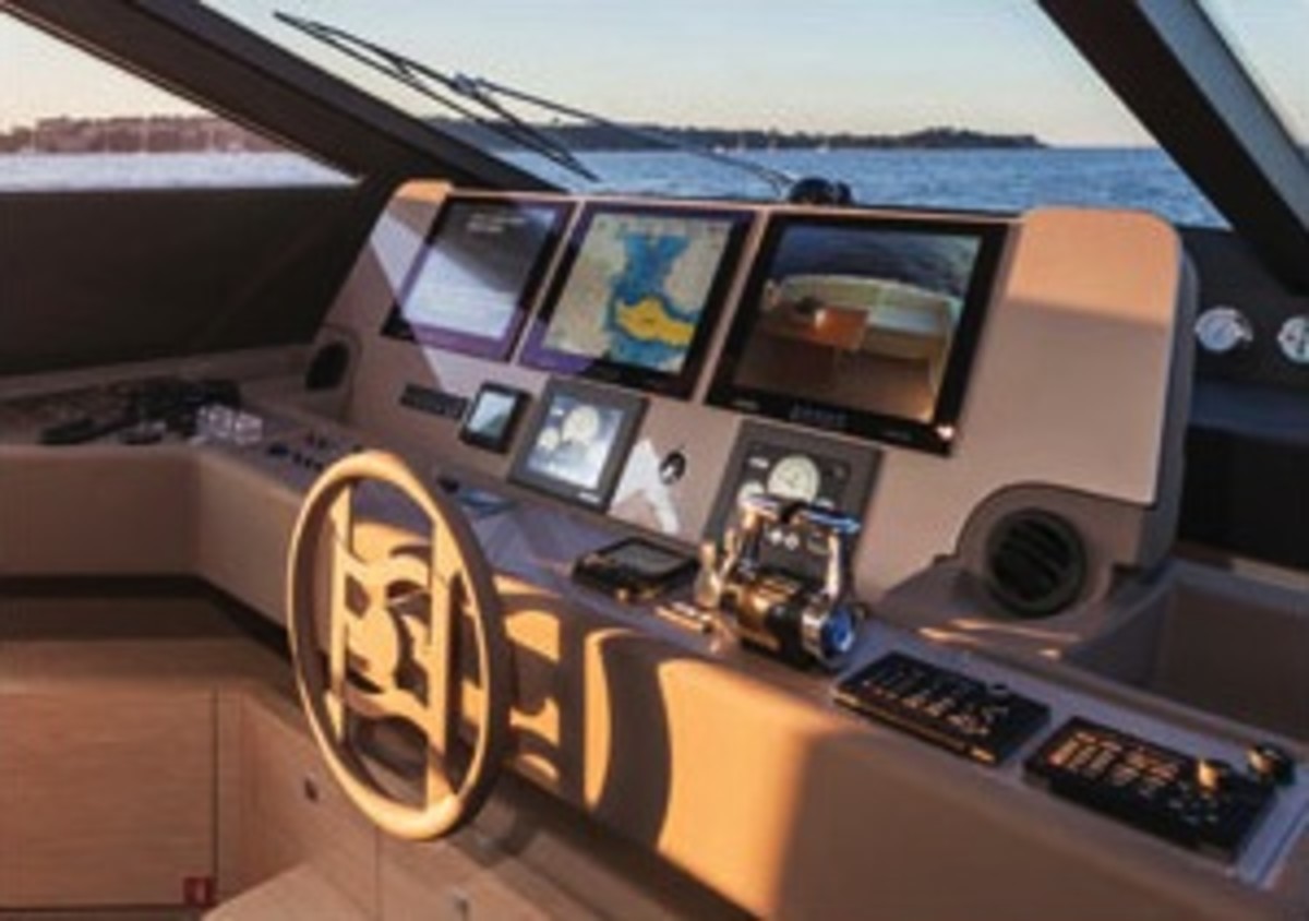 Big, bright Furuno displays speed the flow of data across the helm on the Ferreti 750.