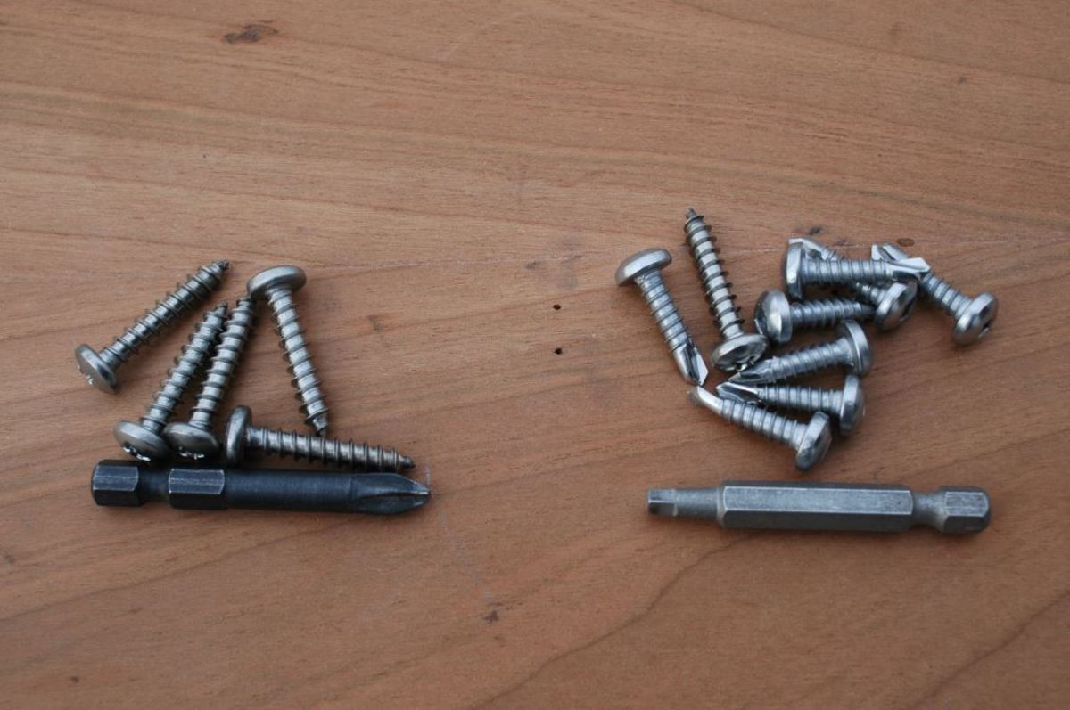 Self tapping screws and the tools to drive them can be effective components in your damage control kit.  Phillips pan head tapping screws, left, work well, however, cutting-point PK screws, right, in square drive are even better.