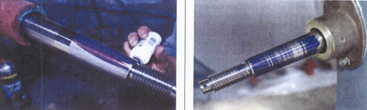 Left: Machinist's bluing being applied to a shaft taper in preparation for tapping. Lapping is essential in order to ensure proper shaft taper-to-propeller bore engagement. Right: The results of the lapping procedure—the shiny areas indicate contact; where blue remains, however, insufficient contact has been made, and thus more lapping is required.