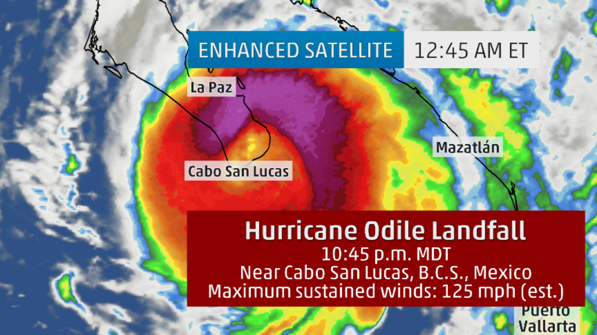 A satellite image tweeted by The Weather Channel yesterday with the caption, "Hurricane #Odile has officially made landfall, the strongest on record in Baja California. "