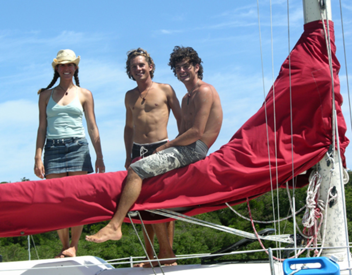  New Zealanders Jon van der Hoist Bruyn (center) with his brother Paul and their friend Laura Freeman, of Colorado. This photo was taken just before they crossed the Atlantic on their 37-foot sloop, Double Bruyn.
