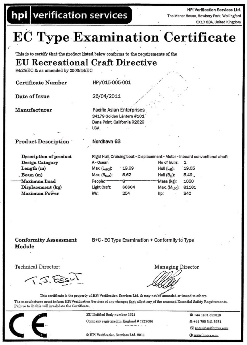 Here is an example of a Type Certification for a CE Boat destined for the European Union. Click to enlarge.