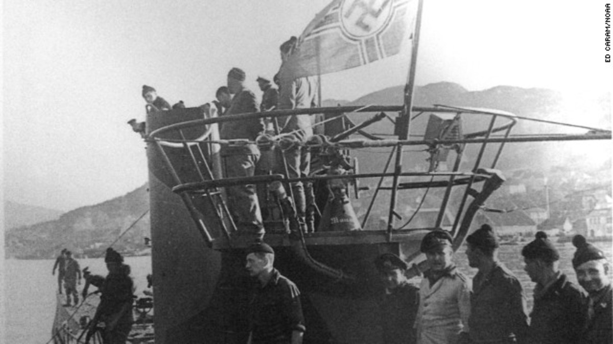 Crew members are seen on a German U-boat, the U-576, in this undated photo released by the National Oceanic & Atmospheric Administration. The submarine was sunk during World War II more than 72 years ago, and its remains were recently found off the coast of North Carolina, NOAA announced Tuesday, October 21.