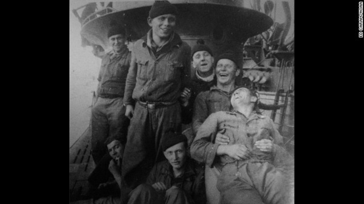 German soldiers pose for a photo aboard the sub. All of the U-boat's 45 crew were lost when it was sunk July 14, 1942, during the Battle of the Atlantic.