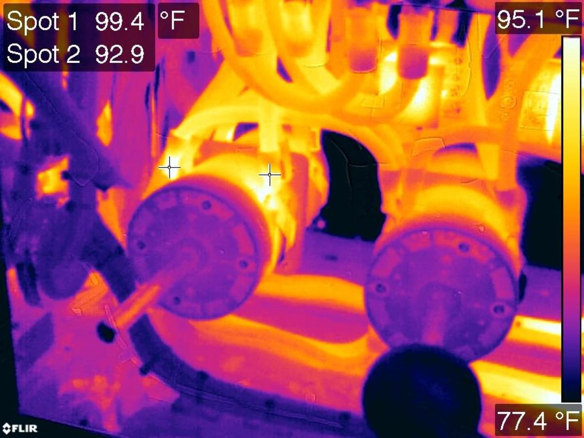 This infrared image shows elevated heat on one of two shore power connections. While still within safe parameters, the infrared camera shows how the heat concentrates at the points of resistance.