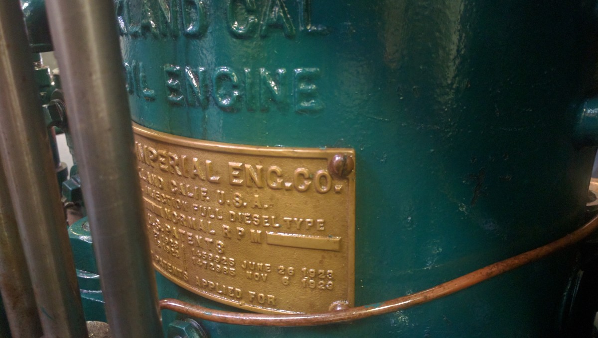 Engine plate on the Westwards engine, which is it's original 1923 Atlas Imperial cylinder diesel.