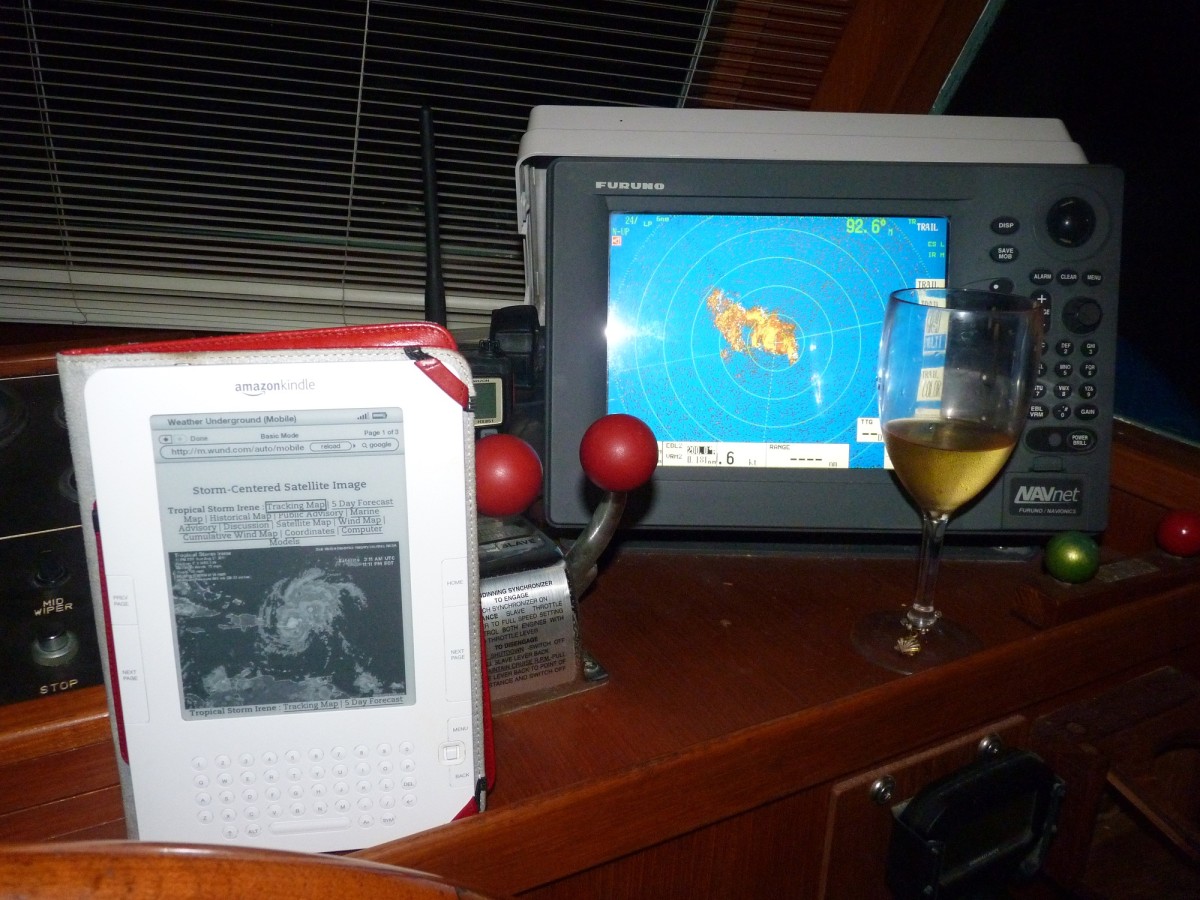 The ship's radar, showing approaching storms, supplemented by satellite data on a Kindle -- and a glass of wine-- rounded out the necessities for my watch.
