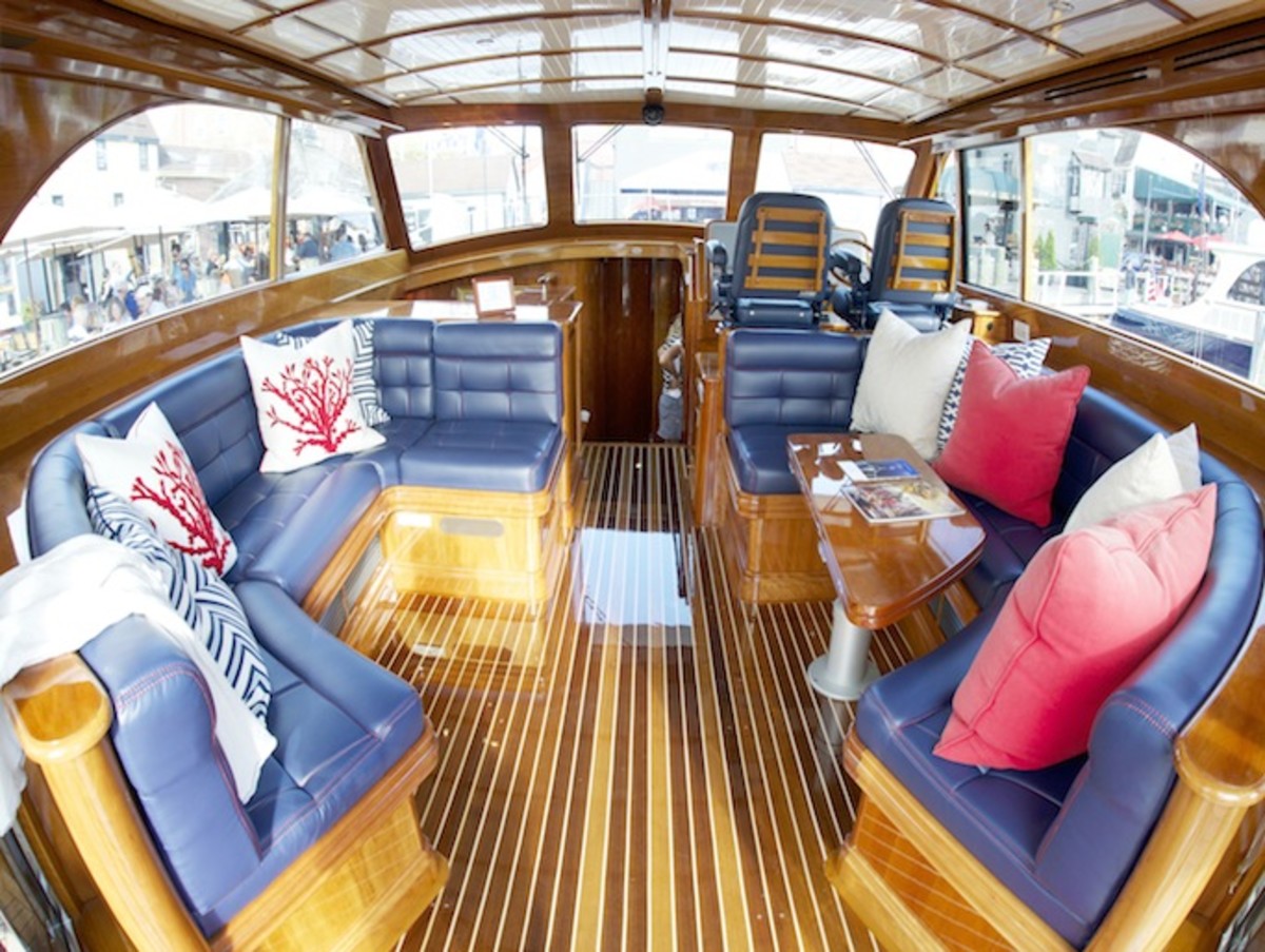 The interior of this Hinckley Tallaria is elevated by fresh upholstery.