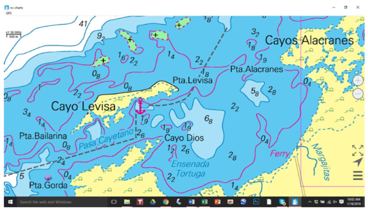 The large-scale chart of Cayo Levisa shows courses of approach, an anchorage and the NV Charts color scheme for depths and contours.