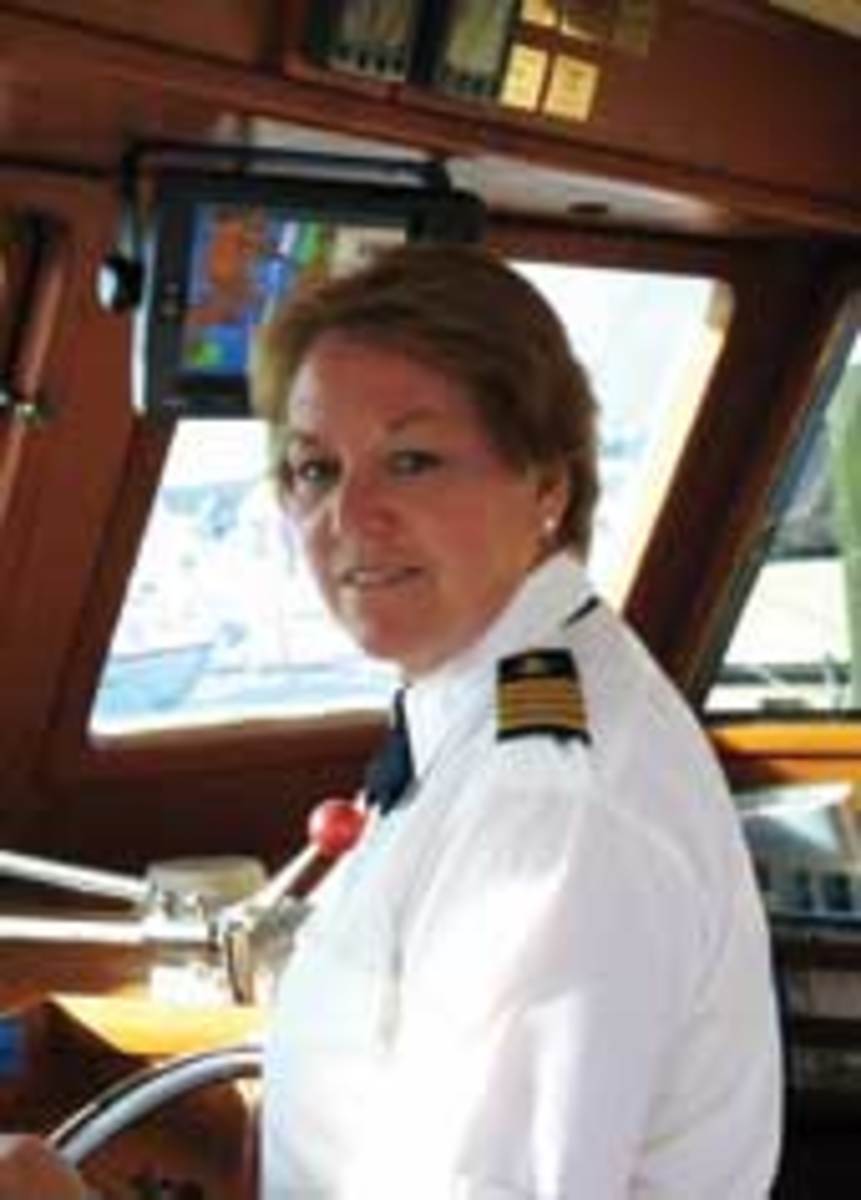  Helen Kovach is captain and her husband is the engineer aboard their 50-foot Marine Trader which they cruise full-time.