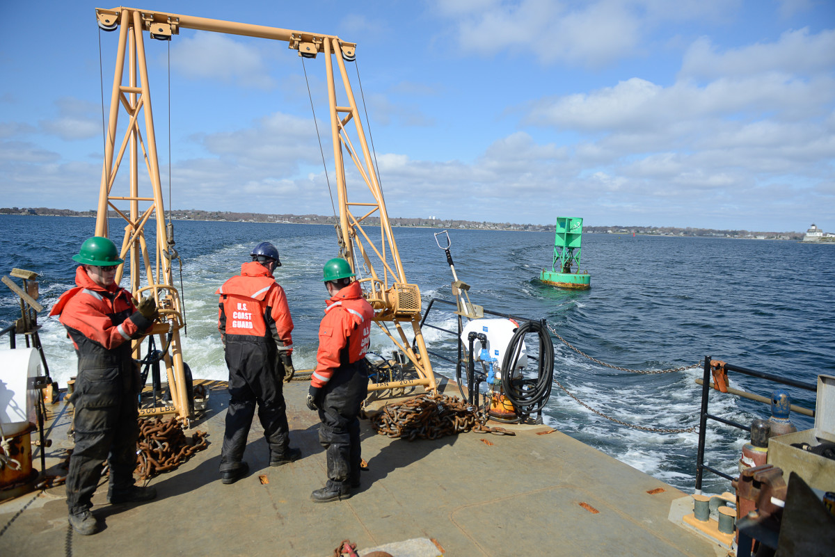 The crew from Aids-to-Navigation Team Bristol is underway for buoy maintenance off the coast of Newport, Rhode Island, Wednesday, April 19, 2017. ANT Bristol maintains the waterways from Westerly, Rhode Island to Westport, Massachusetts. (U.S. Coast Guard photo by Petty Officer 3rd Class Nicole J. Groll)