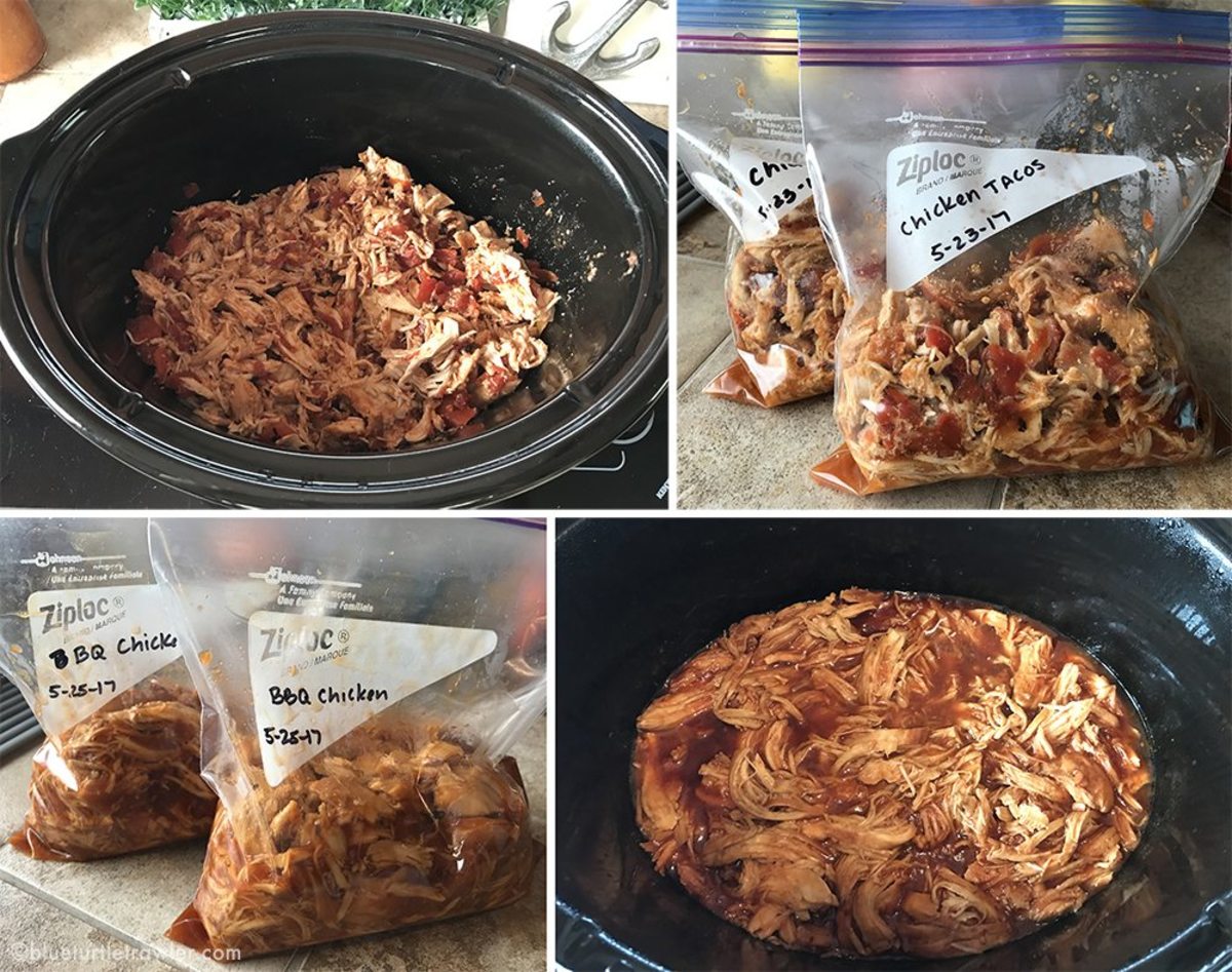Crockpot chicken tacos (top) and BBQ chicken (bottom) are now frozen and ready to be thawed for our trip to Dry Tortugas.