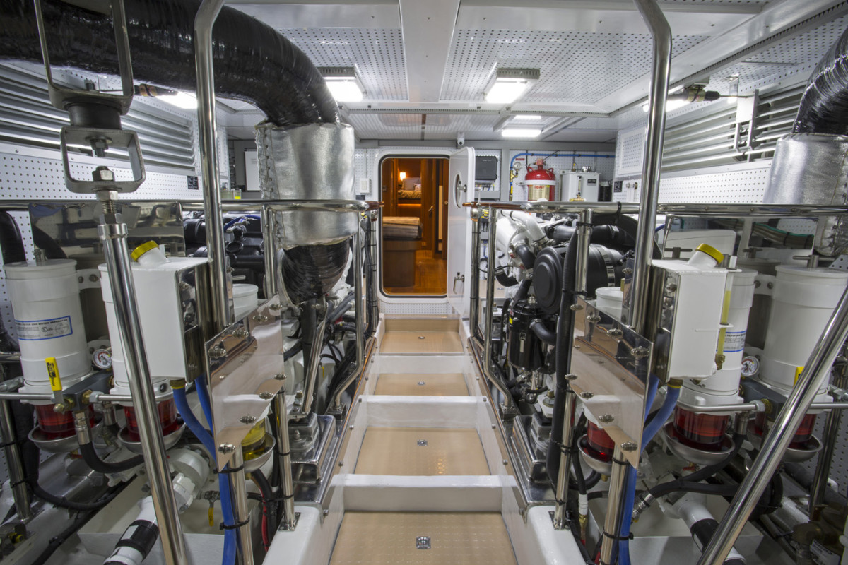 Twin engines grace the 580’s clean and spacious engine room.