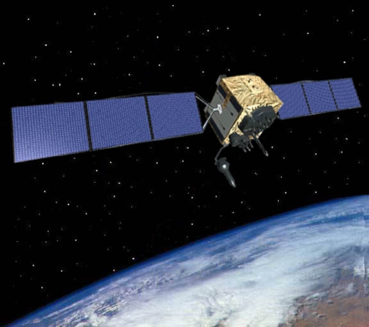 The Global Positioning System IIF satellite, developed and built by Boeing, is the next generation of GPS space vehicle. (U.S. Air Force graphic)