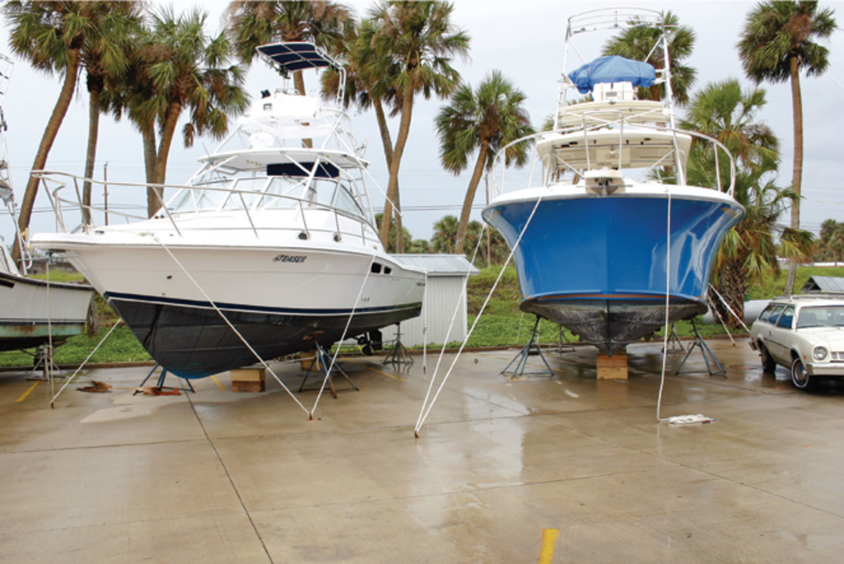 Illustration of how boats are tied-down for hurricane prep while on the hard.
