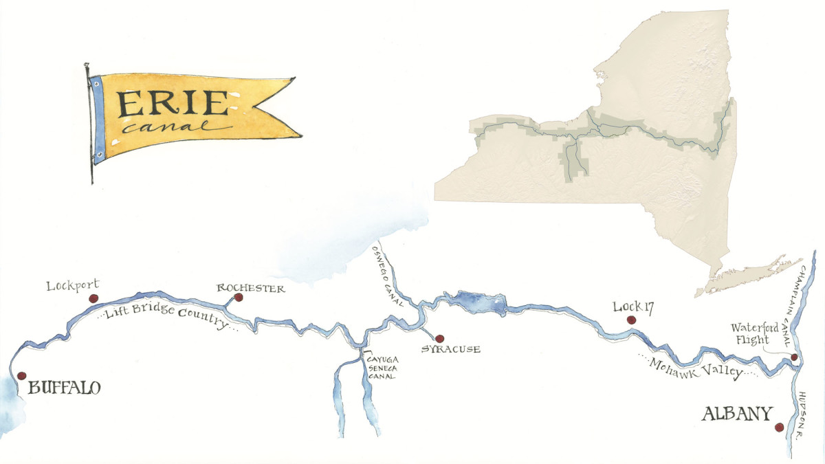 The Erie Canal extends from the Hudson River along the eastern edge of NY, past the finger lakes and into the Lake Erie in Buffalo, NY.