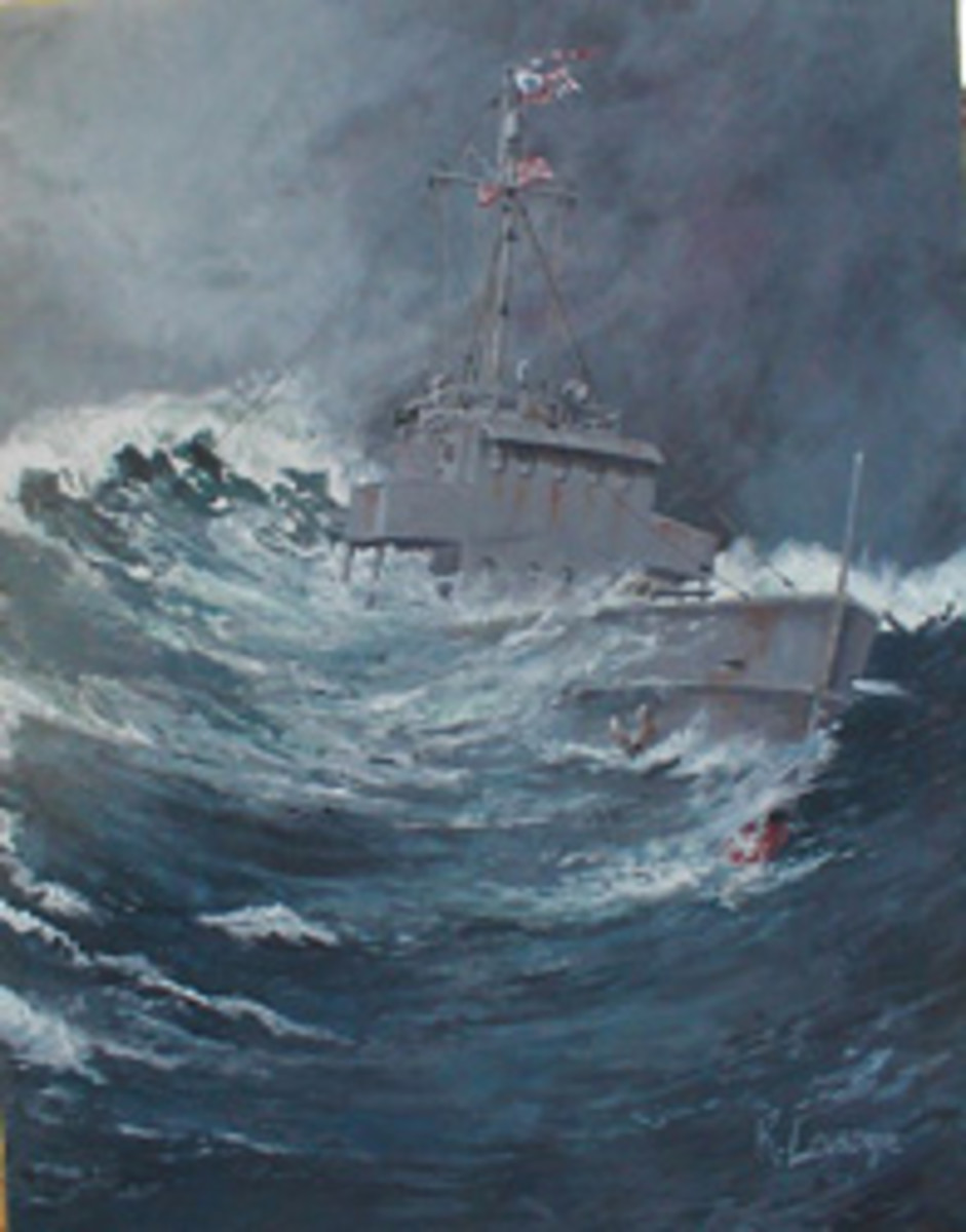 This painting, by Dick Levesque, depicts Cutter Jackson surfing the towering seas and hurricane force winds in the morning of Sept. 14, 1944. Artwork courtesy of Dick Levesque.