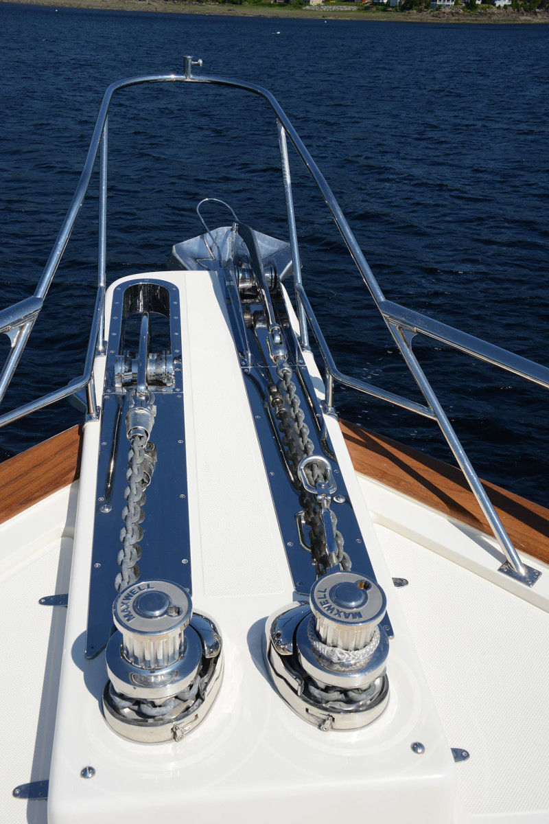 This Fleming has redundancy in a two-anchor system: the port side anchor is a Rocna with a Mantus swivel while the starboard side anchor is an Ultra with an Ultra swivel.
