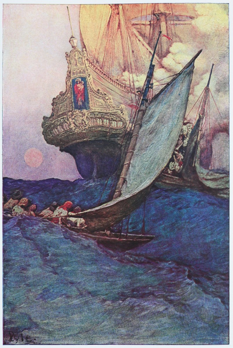 Buccaneers in sloops swarm a Spanish  galleon.