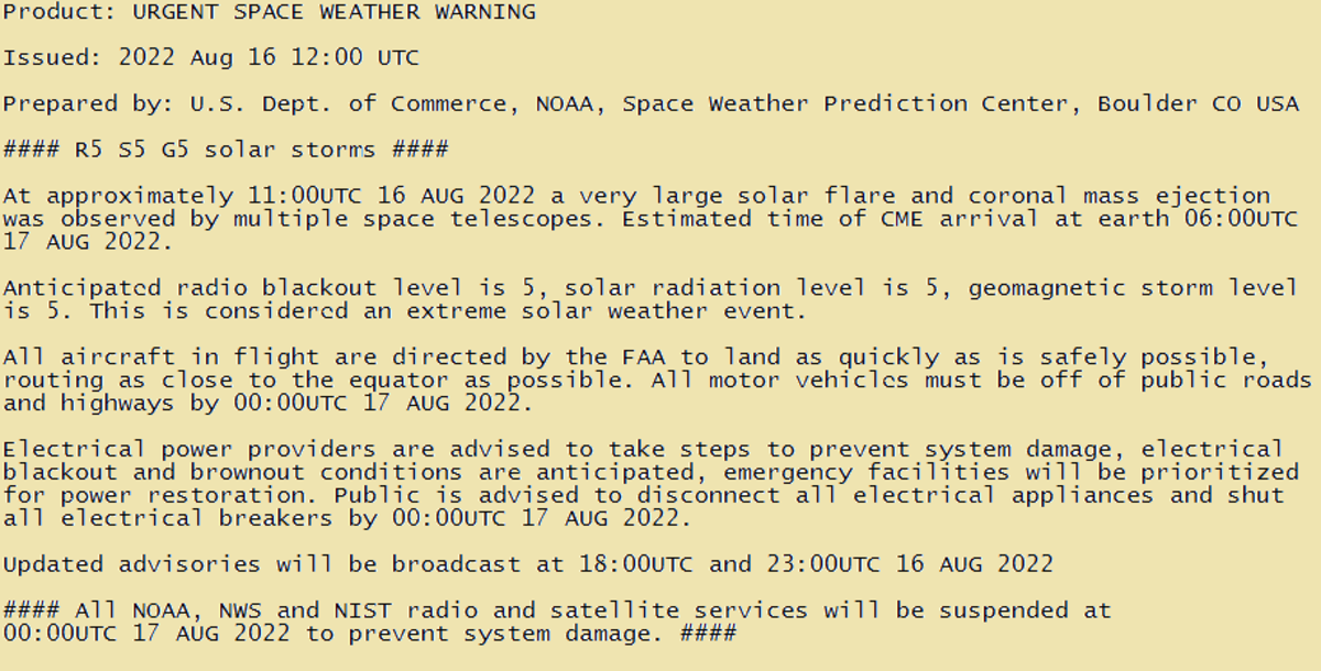 A sample solar storm alert from NOAA.