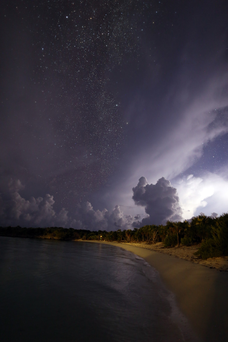 Night photography during a thunderstorm at the beach in Warderick Wells, Exumas, Bahamas.