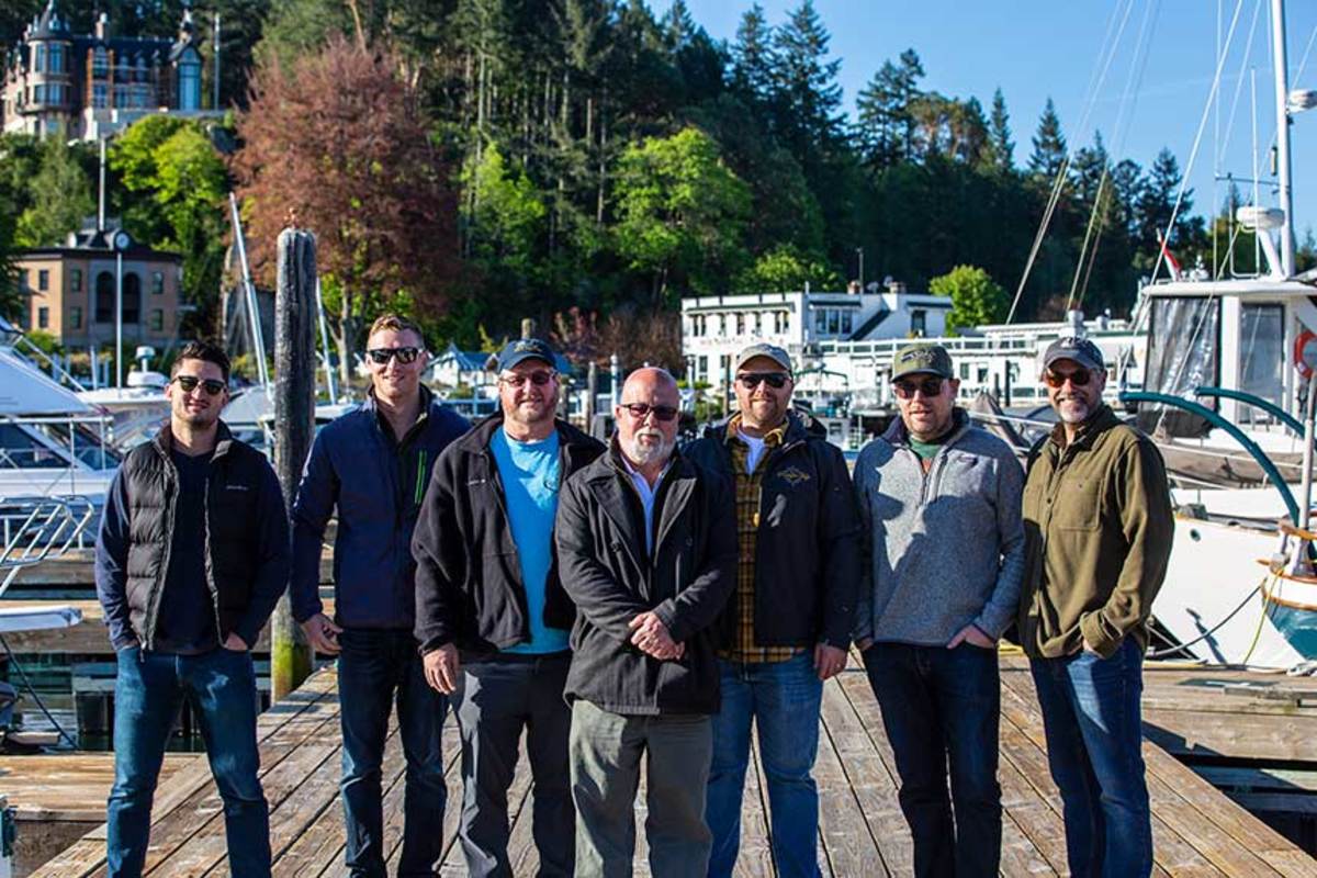 The crew (from left to right): Simon Murray, Daniel Harding Jr., Arnie Hammerman, John Turner, Sam Bisset, Matt Ouilette (chase boat) and the author.