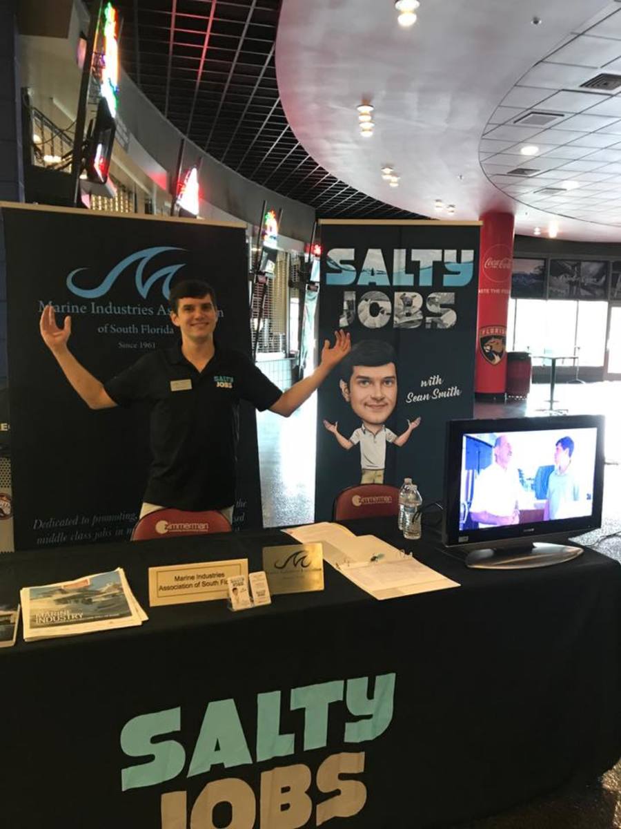 Sean Smith, promoting his show Salty Jobs and jobs in the maritime industry at a job fair for high school students in South Florida.