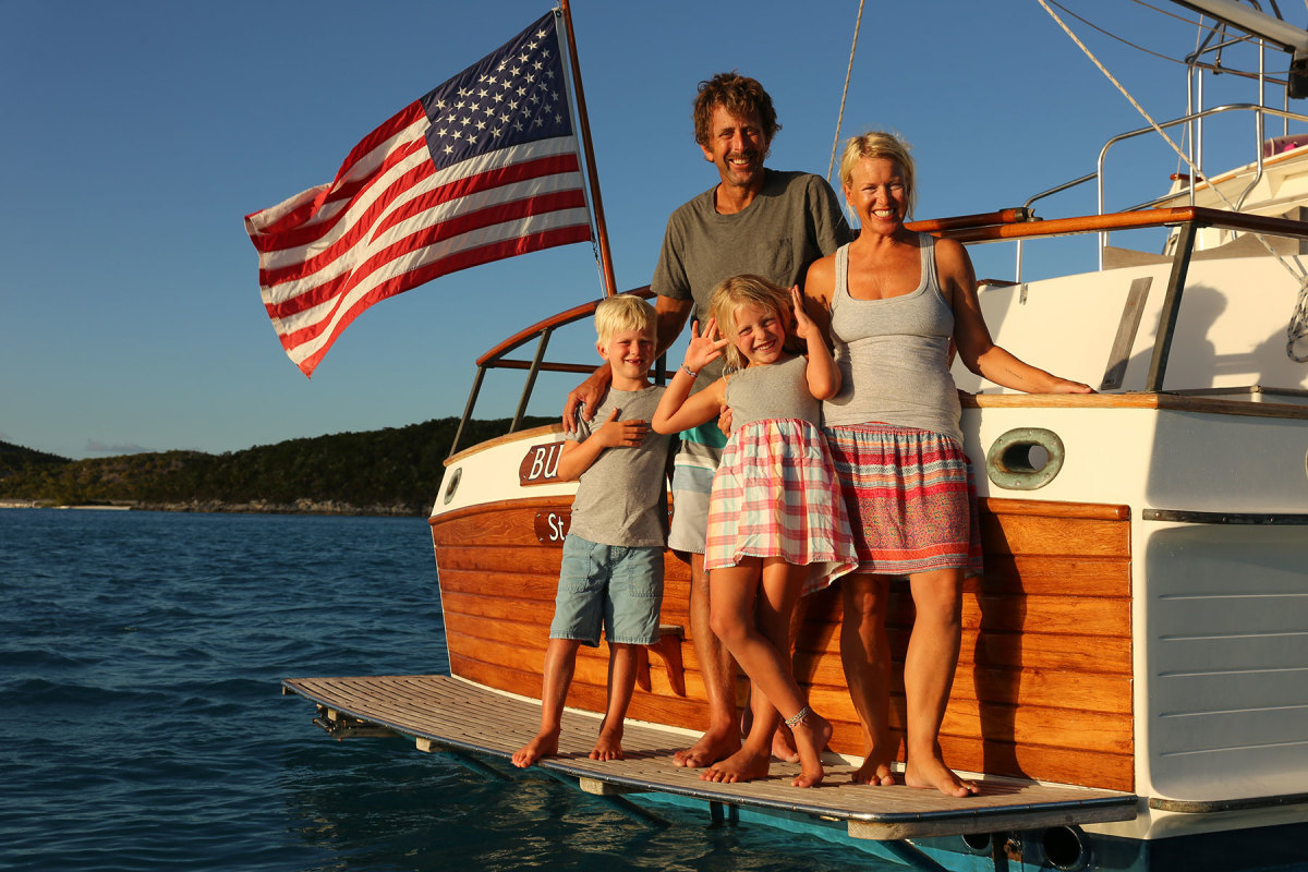 The Schulte family in the Caribbean aboard their Grand Banks 42 Classic "Bumfuzzle"