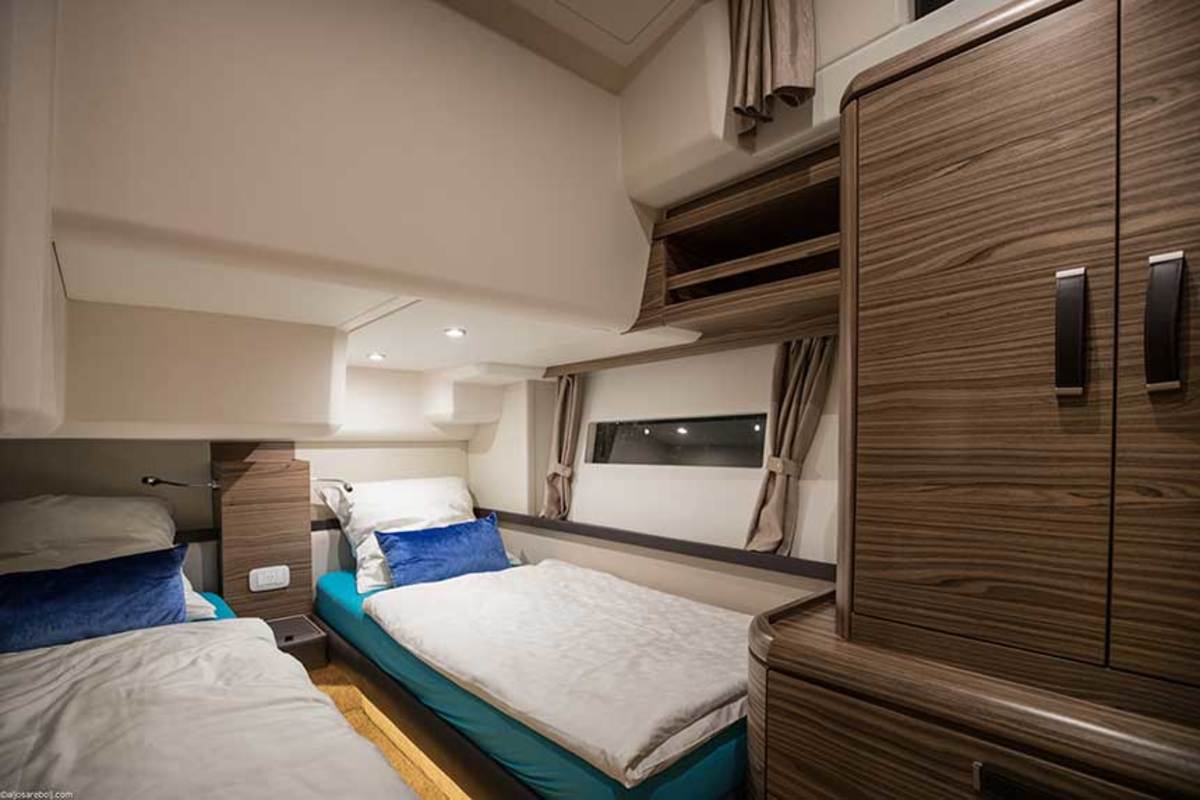 The lower deck has three ensuite staterooms, with the master in the bow.