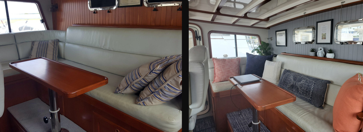 The original wood paneling in the pilothouse contrasts with the painted version.