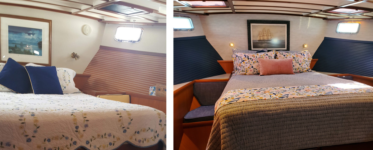 The varnished ceilings on the stateroom (left) were replaced with soothing paintwork (right). 