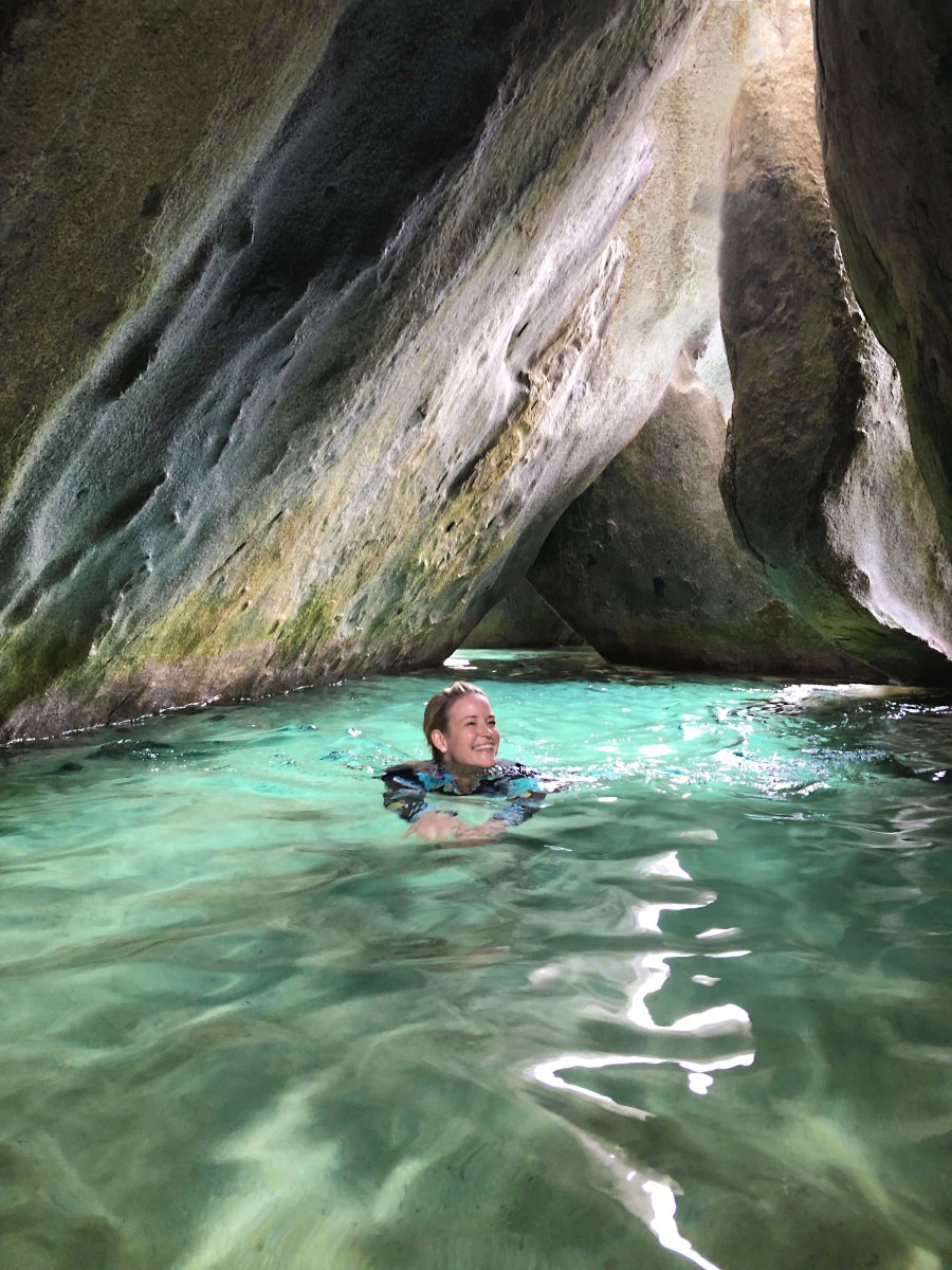 Swimming through the caves at the Baths on Virgin Gorda