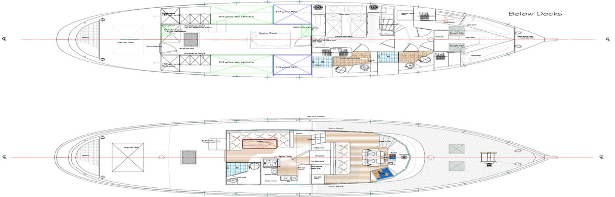 This design calls for standing headroom in the robust engineering spaces and throughout the three-stateroom layout for my wife and me, and chosen guests, on our roaming adventures.