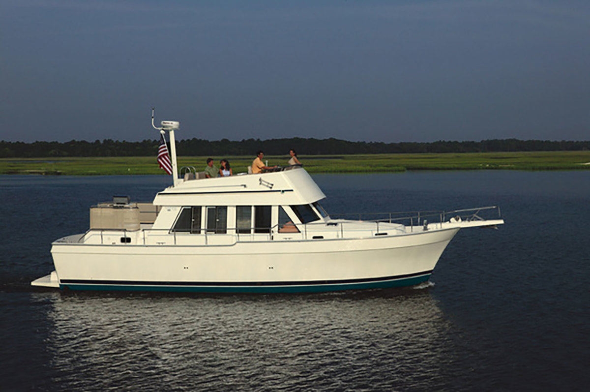 LOA 43’  Beam 15’6”  Draft 3’8”  Displacement 36,000 lbs.  Speed 12 to 26 knots   Brokerage price $199,500 to $345,000