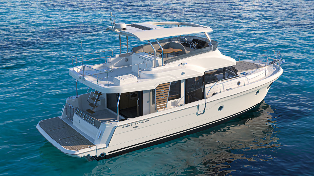 The 48 takes exterior styling cues from the builder’s Grand Trawler 62 and incorporates a salon layout derived from smaller models in the Swift Trawler line. 