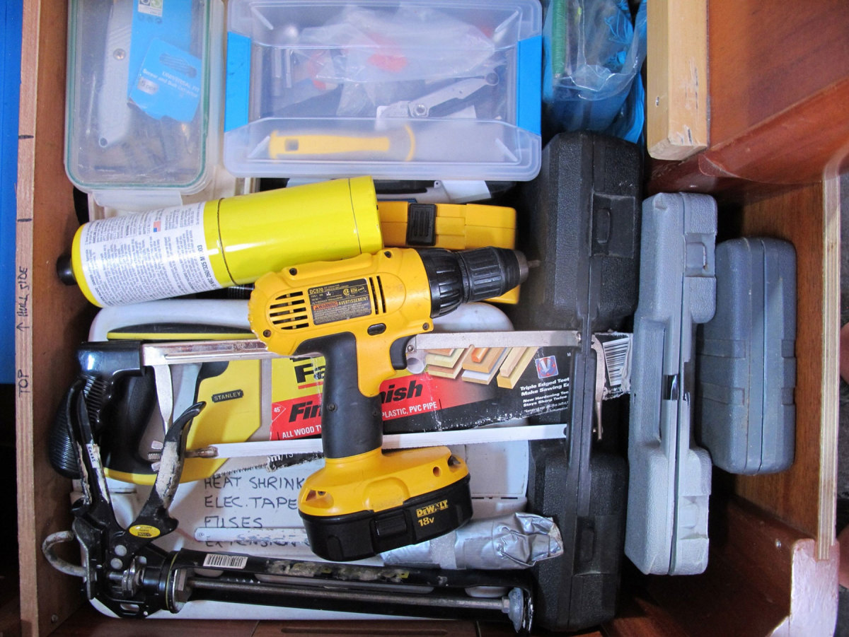 An assortment like this (even socket sets with their own cases) can be stowed in a sturdy plastic box. Just be sure to choose one for a specific spot on board, or tools will be competing for prime real estate.