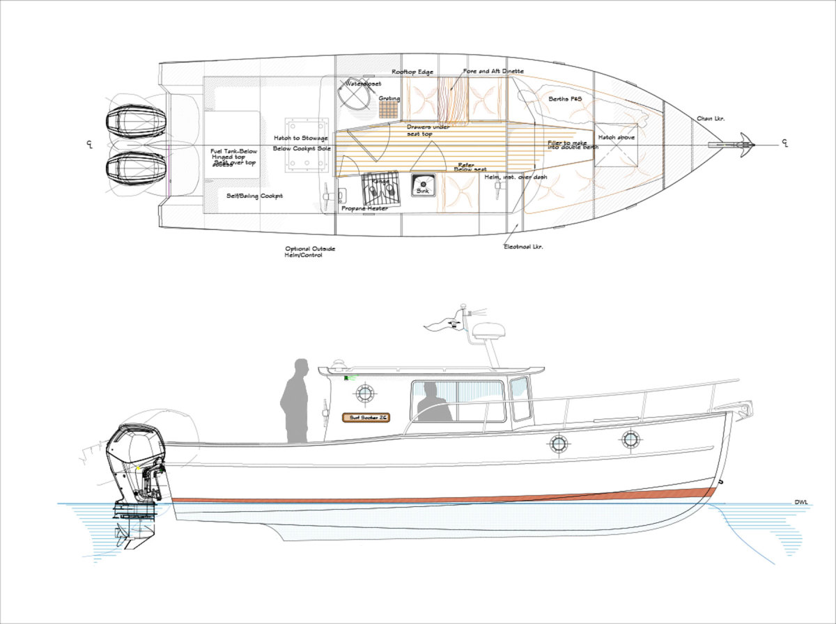 Devlin’s original plans for the Surf Scoter 26 had her mated to a sterndrive. Today’s quiet, reliable outboards are a great match as well, so he modified her design. 