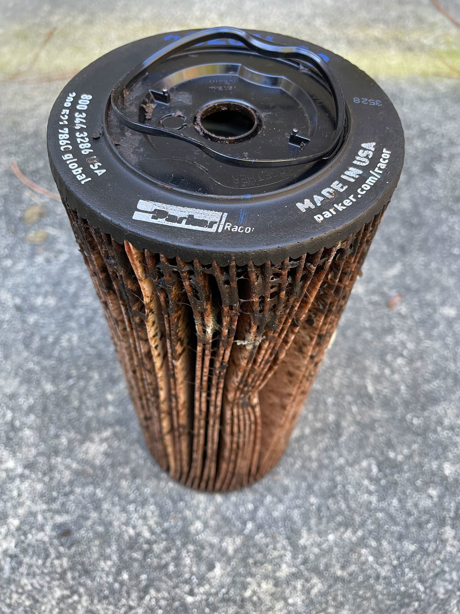 Pleated fuel filter elements are effective at filtering debris and preventing water from entering the engine. The engine that this filthy filter protected showed no signs of distress, and only slightly higher than normal vacuum readings.