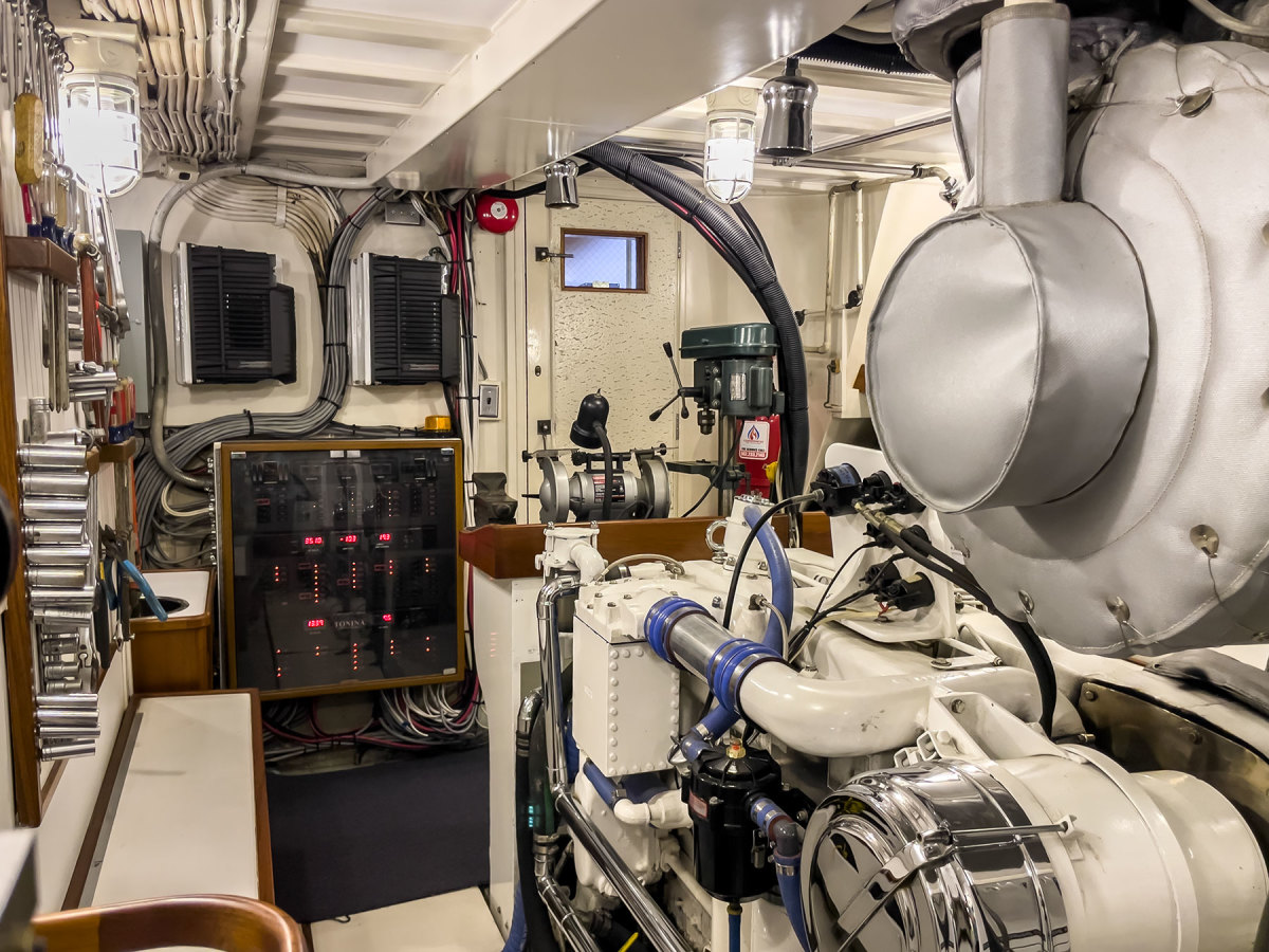 The engine room offers walkaround access to all service points and a machine shop for repairs on the fly.