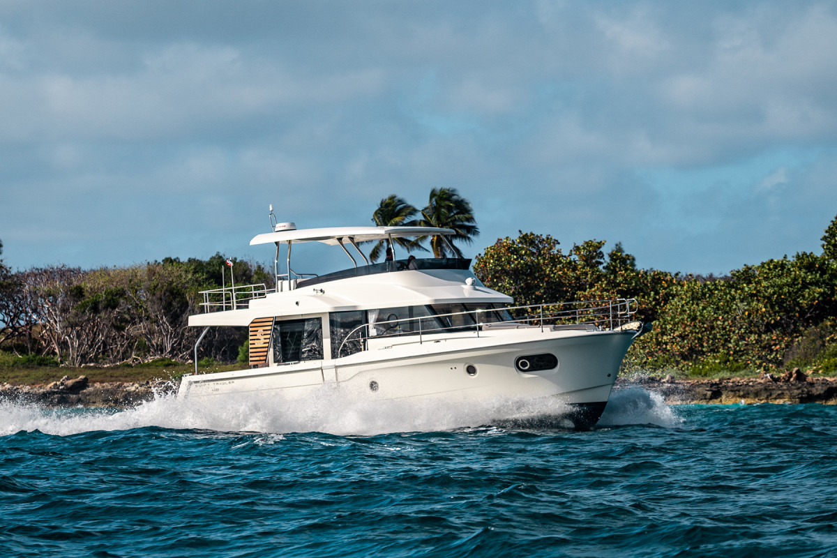 The 48 is capable of cruising all day at 18 to 20 knots, but her semidisplacement hull finds a sweet spot at around 8 knots, where she’ll return an over 1,000 nm range.
