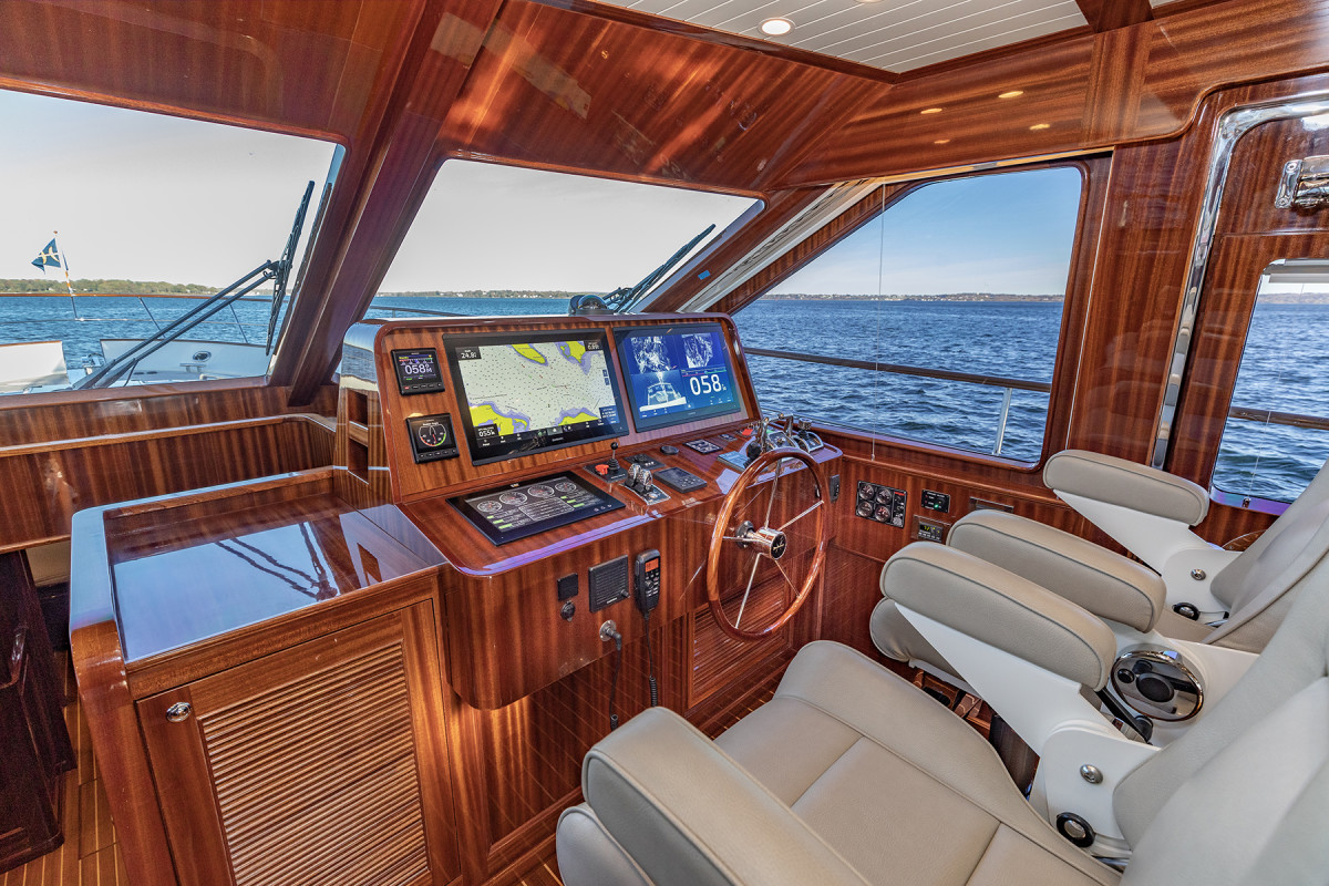 The pilothouse is a well-fitted-out, cruise-friendly, all-weather man cave.
