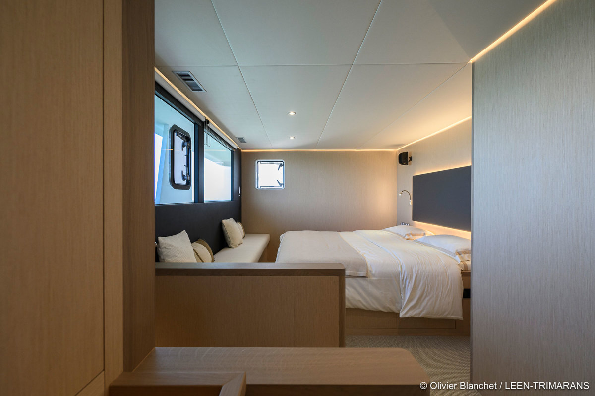 The two-level master stateroom in the three-cabin version offers views to the horizon entertainment space.