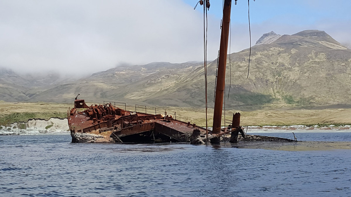 The rusting remains of a Japanese merchant ship sunk by American bombs during World War II at Kiska. 
